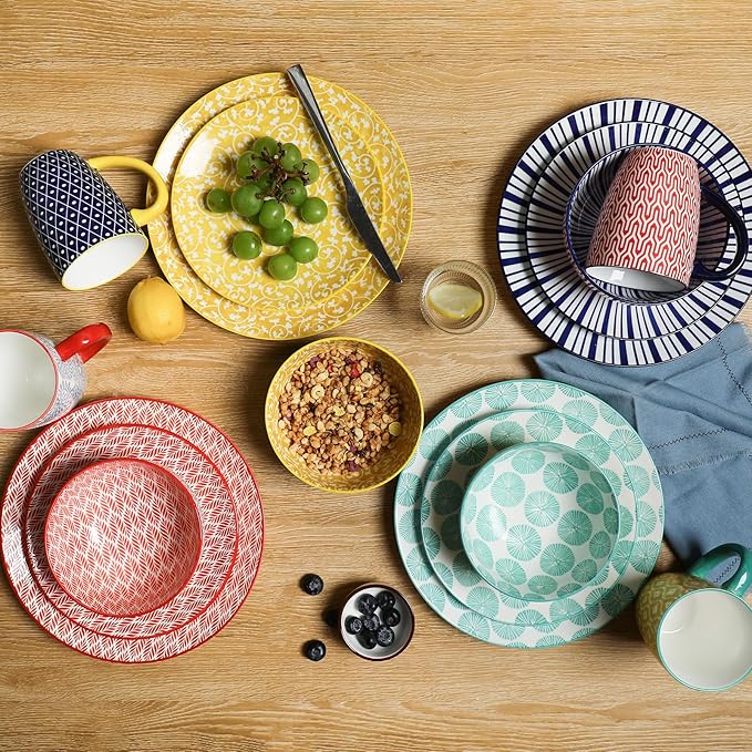 Selamica Ceramic Dinnerware Sets for 4, 16 Pieces Plates and Bowls Sets, Dishes set for 4-Chip and Scratch Resistant, Dishwasher&Microwave Safe, Assorted Colors