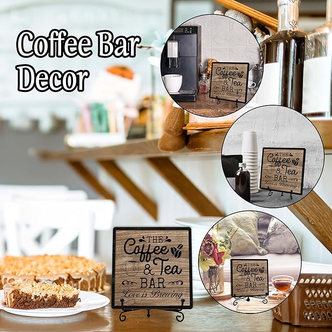 Coffee Bar Sign, Love is Brewing Farmhouse Tabletop Decor, Coffee and Tea Lover Gifts, 5x5 Wood Plaque with Iron Stand for Home Kitchen Cafe, Coffee Bar Decor – L02