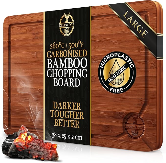 Deer & Oak Large Carbonized Cutting Board 15" x 9.8" x 0.8", Pre-Oiled Bamboo Wooden Cutting Board for Carving Meat, Fish, Vegetables, Fruits, Cheese, and Bread