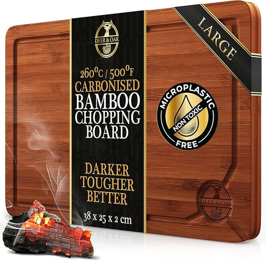 Deer & Oak Large Carbonized Cutting Board 15" x 9.8" x 0.8", Pre-Oiled Bamboo Wooden Cutting Board for Carving Meat, Fish, Vegetables, Fruits, Cheese, and Bread