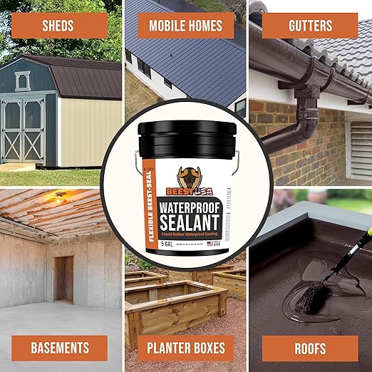 BEEST Liquid Rubber Waterproof Sealant Black, 5 Gallon Covers up to 125-175 Sq ft| Roof Sealant Waterproof Coating for Indoor & Outdoor Leak Repair| Easy to Apply Waterproofing Foundation Sealer