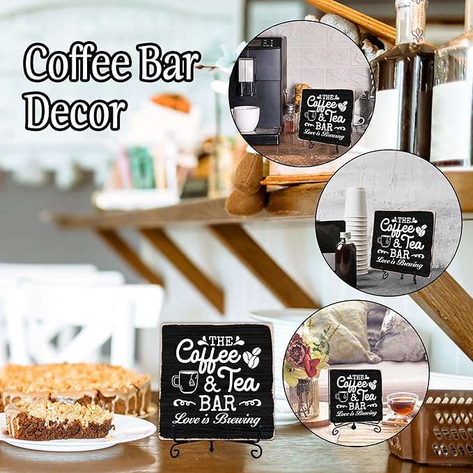 Coffee Bar Sign, Love is Brewing Farmhouse Tabletop Decor, Coffee and Tea Lover Gifts, 5x5 Wood Plaque with Iron Stand for Home Kitchen Cafe, Coffee Bar Decor – L01