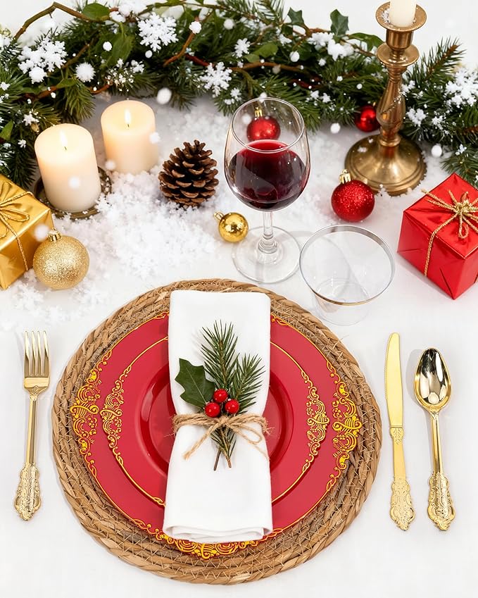 Nervure 350PCS Red Plastic Plates - Red Gold Plastic Dinnerware Sets for 50 Guests - 100 Gold Disposable Plates, 50 Pre Rolled Silverware Sets, 50 Cups Perfect for Wedding & Party & Mothers Day