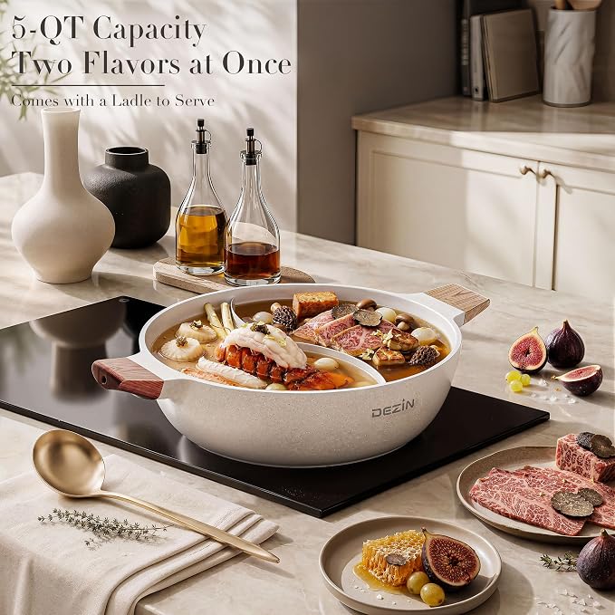 Dezin 5-QT Hot Pot with Divider, Double-flavor Shabu Shabu Pot, Divided Pot | Nonstick Granite Pot, 12"Divided Stockpot, Compatible with Induction Cooktop, Gas/Ceramic/Electric Stove, Soup Ladle Included