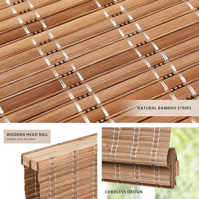 LazBlinds No Tools No Drill Cordless Bamboo Roman Shades, Light Filtering Window Treatment, Roll Up Bamboo Blinds for Windows 31.5'' W x 48'' H, Brown