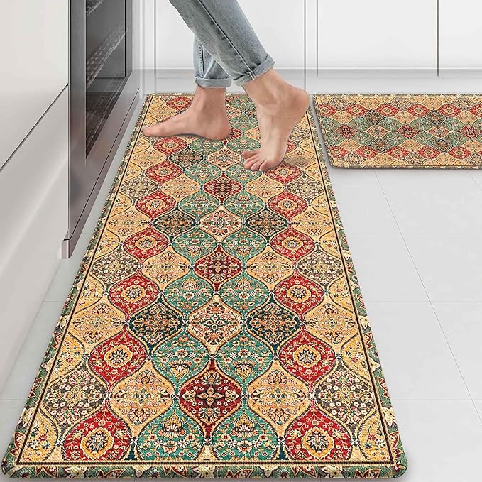 Moroccan Kitchen Rug Mats for Floor Cushioned Anti Fatigue Boho Vintage Kitchen Rugs Sets of 2 Red Yellow Non Slip Waterproof Comfort Memory Foam Standing Floor Mat for Laundry Sink Desk