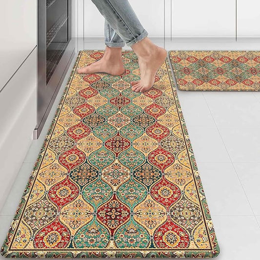 Moroccan Kitchen Rug Mats for Floor Cushioned Anti Fatigue Boho Vintage Kitchen Rugs Sets of 2 Red Yellow Non Slip Waterproof Comfort Memory Foam Standing Floor Mat for Laundry Sink Desk