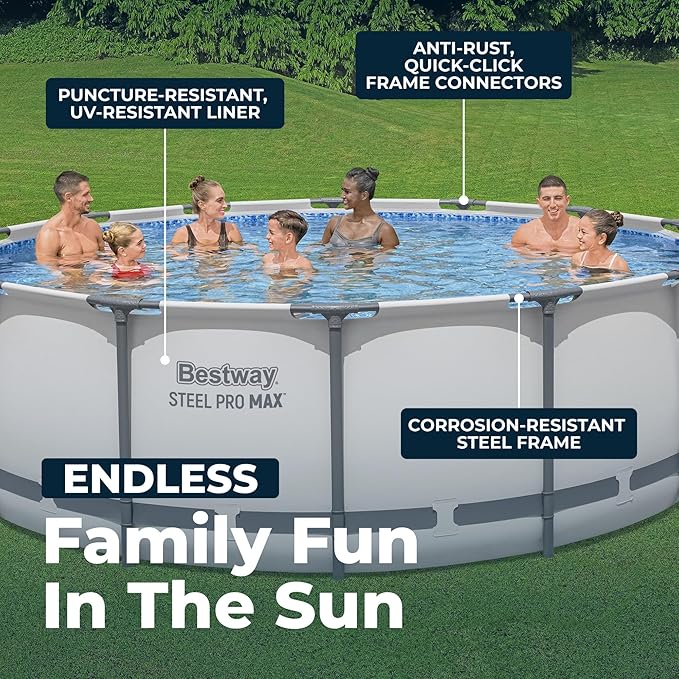 Bestway Steel Pro MAX 14' x 48" Above Ground Pool, Round Metal Frame Outdoor Swimming Pool Set with Filter Pump, Ladder, and Cover, Gray
