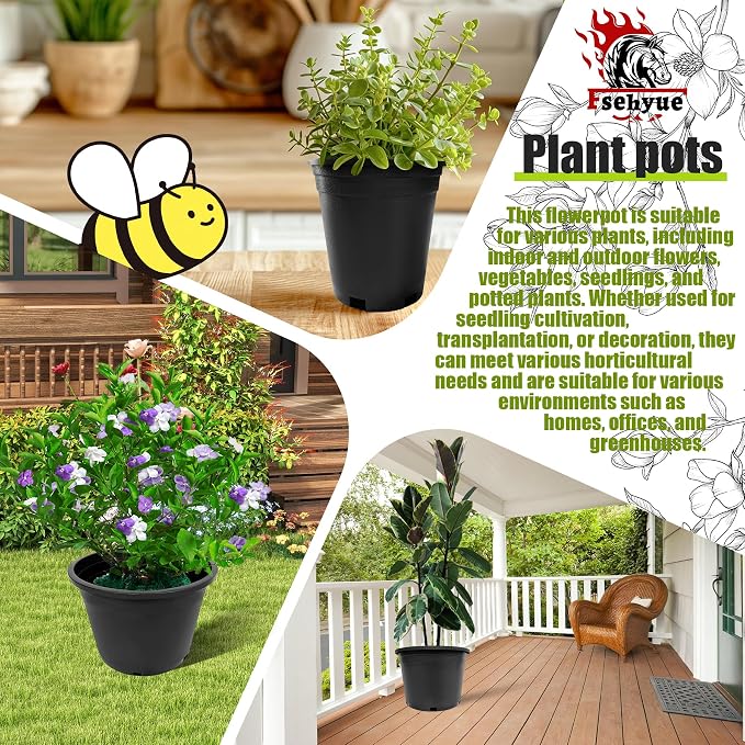 15 Gallon Nursery Pots Plastic Container Injection Molded Pot for Plants Flexible with Drainage Holes Suitable for Plants Soil Growers or Hydroponics Black 10 Pcs