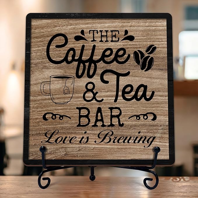 Coffee Bar Sign, Love is Brewing Farmhouse Tabletop Decor, Coffee and Tea Lover Gifts, 5x5 Wood Plaque with Iron Stand for Home Kitchen Cafe, Coffee Bar Decor – L02