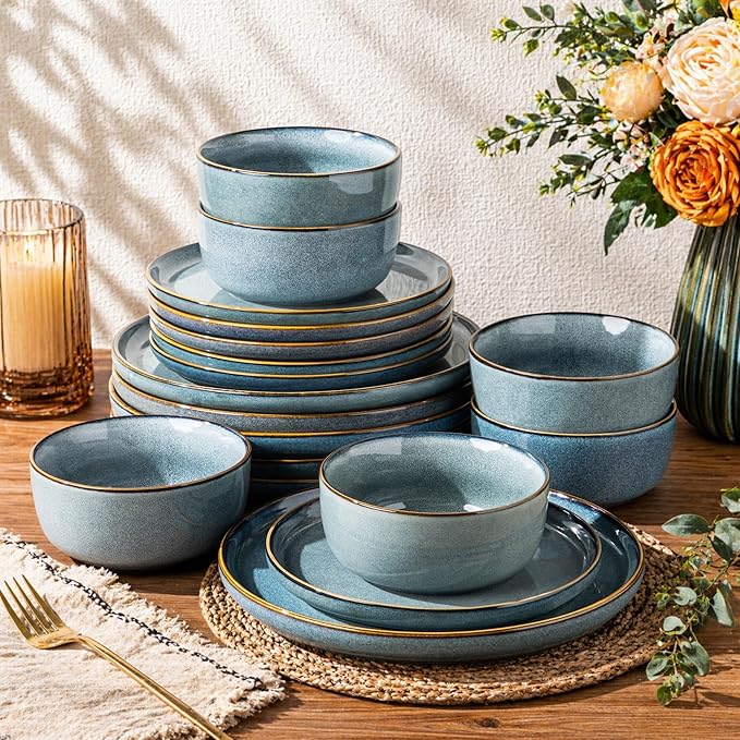 GBHOME Ceramic Dinnerware Sets for 4, 12 Pieces Stoneware Plates and Bowls Sets, Reactive Glaze Dishes -Scratch Resistant, Dishwasher&Microwave Safe, Space Blue