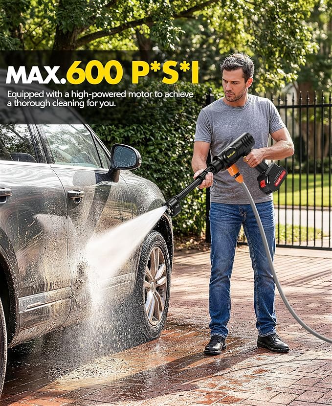 PoolLeader Cordless Car Cleaning Tool, Lightweight Portable Car Cleaner with 6-in-1 Nozzle & Foam Cannon, Battery Operated Cordless Car Wash Spray, Handheld Wash Machine for Car, Patio, Home - Yellow