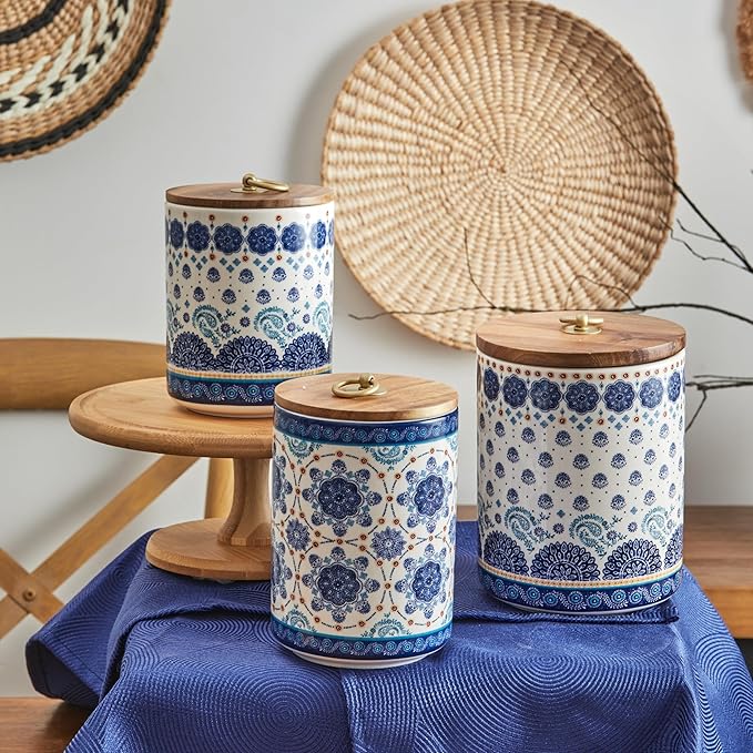 Bico Blue Talavera Ceramic Canister Set of 3 for Kitchen Counter, 62oz, 40oz, 32oz each, with Wooden Air Tight Lid, Food Storage Jar for storing Coffee, Tea, Spice, Dishwasher Safe