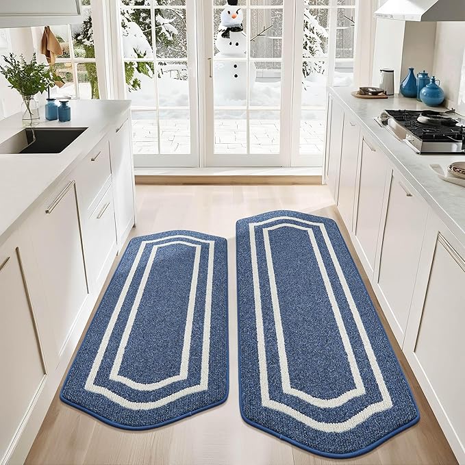 COSY HOMEER Long Kitchen Floor Mats for in Front of Sink Super Absorbent Kitchen Rugs and Mats 24"x48"+24"x59"Non-Skid Kitchen Mat Standing Mat Washable,Polypropylene,Blue,Frame