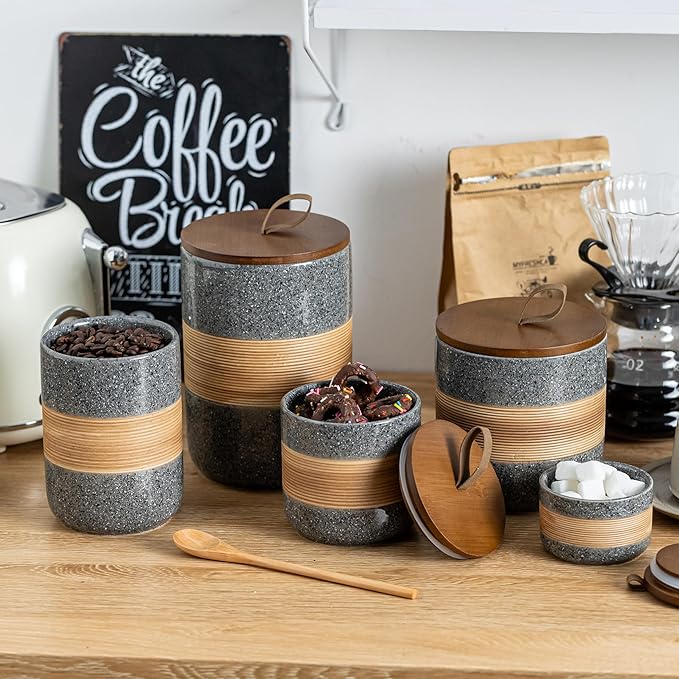 Miamolo Ceramic Jar with Lid Airtight, Coffee Container Kitchen Food Storage Jars for Spice Sugar Tea Bag, Stackable Decorative Jars for Countertop, Grey & 18 fl.oz