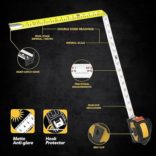 LEXIVON [2-Pack] 25Ft/7.5m DuaLock Tape Measure | 1-Inch Wide Blade with Nylon Coating, Matt Finish White & Yellow Dual Sided Rule Print | Ft/Inch/Fractions/Metric (LX-202)