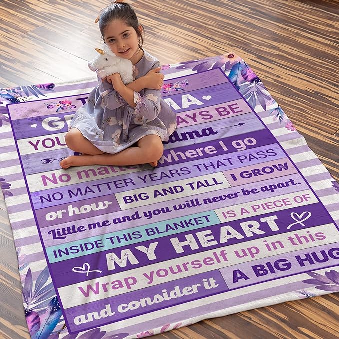 Gifts for Grandma Blanket for Mothers Day – to My Grandma Soft Flannel Fleece Throw Blanket, Cozy Purple Floral Blanket with Loving Message, Birthday Gift from Grandchild 50x60 Inches