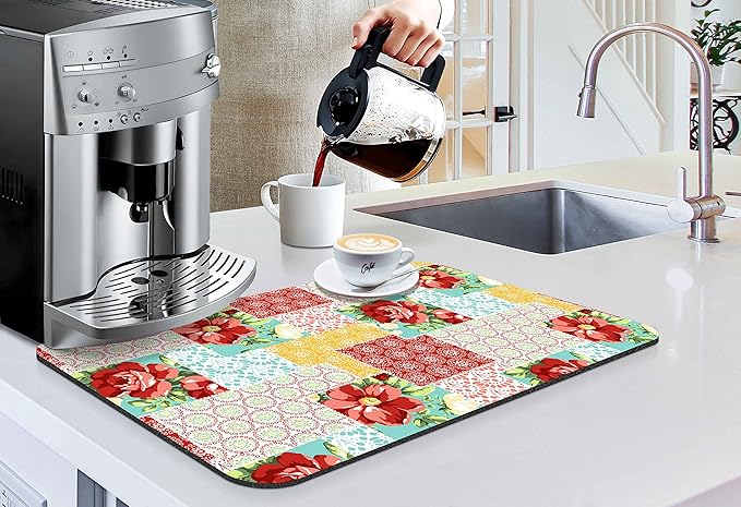 Coffee Bar Mat Accessories for Countertop Pioneer Flower Absorbent Hide Stain Rubber Backed Dish Drying Mats for Kitchen Counter Draining Pad Decor Gift Fit Under Coffee Maker (20x12in)