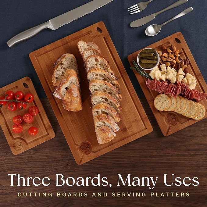 Pre-Oiled, Non Toxic 3-Piece Carbonized Bamboo Cutting Board Set, 500°F Carbonized Technology Eco-Friendly Wooden Chopping Boards for Kitchen with Juice Groove, Charcuterie Serving Boards Deer & Oak