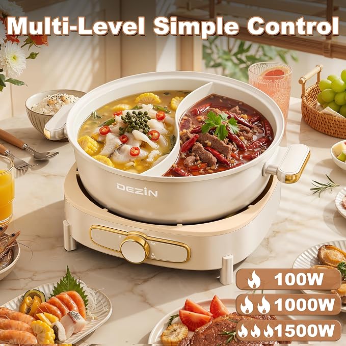 Dezin 6L Hot Pot Electric with Divider, Shabu Shabu Pot with Power Control | Removable 1500W Chinese Hot Pot, Non-Stick Hotpot with Multi-Power Adjustment, 3" Depth Double-Flavor Pot with Silicone Ladle