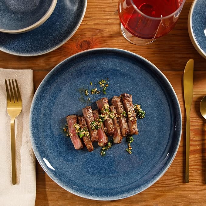 Gibson Elite Manila Bay 12-Piece Stoneware Dinnerware Set, Service for 4, Reactive Glaze Modern Artisan Plates, Bowls & Mugs, Blue, Round Design
