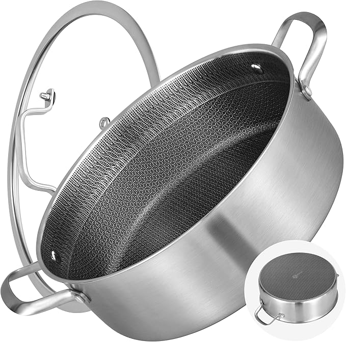 LOLYKITCH 7 QT Large Deep Frying Pan with Lid, 12 Inch Nonstick Triply Stainless Steel Skillet Saute Pan, Ceramic Hybrid Honeycomb Cookware for Family Meal – Oven & Induction Ready, Riveted Handles
