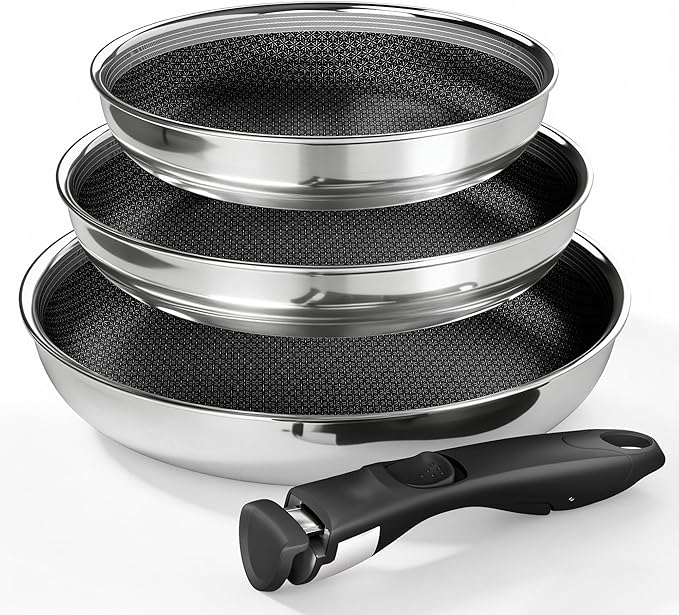 Kitchen Academy 3-Ply Stainless Steel Frying Pans Set, 8/9.5/11 Inch 18/10 Nonstick Skillets with Removable Handle for Small Spaces, Dishwasher & Oven Safe Induction RV Camping Pans
