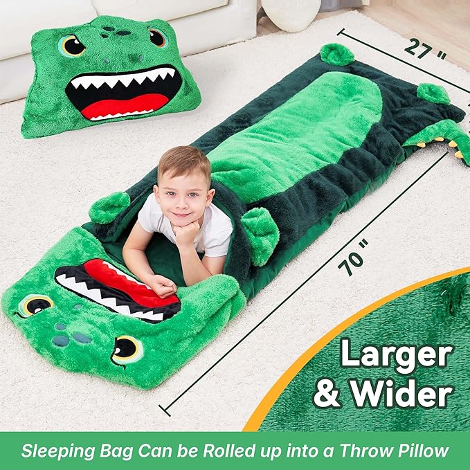 iPlay, iLearn Kids Dinosaur Sleeping Bag, Toddler Boys Dinos Nap Mat, Plush Animal Slumber Bag, 2 In 1 Daycare Preschool Kindergarten Birthday Gift Travel Sleepover for 3 4 5 6 7 8 10 12 Yr Child Teen