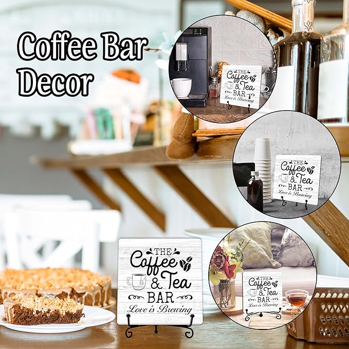 Coffee Bar Sign, Love is Brewing Farmhouse Tabletop Decor, Coffee and Tea Lover Gifts, 5x5 Wood Plaque with Iron Stand for Home Kitchen Cafe, Coffee Bar Decor – L09
