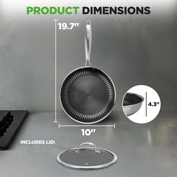 NutriChef 10” Non-Stick Stainless Steel Frying Pan with Lid, Triply Stainless Steel Cookware, Etched Non-Stick Coating, Oven & Induction Safe, Premium Stainless Steel Frying Pan, PFOA/PFOS Free