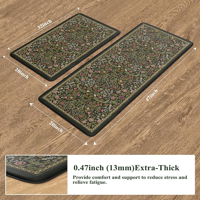 Collive Kitchen Mats for Floor 2PCS, Cushioned Anti Fatigue Rugs Non-Slip Waterproof Kitchen Sink Mat, Green Floral Standing Mat for Bar, Office, Desk, Home Decor