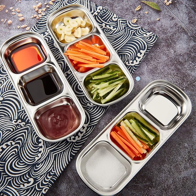 Maxcheck 6 Pcs Soy Sauce Dish Stainless Steel Divided Dip Bowls Korean 3 Compartment Sauce Plate Seasoning Dipping Condiment Tray for BBQ Vinegar Spice Salt Sugar Flavor Home Restaurant (Silver)