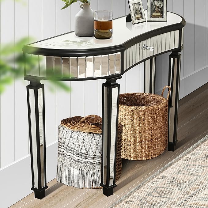 SSLine Mirror Console Table for Living Room 47" Half-Moon Mirrored Entryway Table with Fluted Glass & Crystal Knob Drawer Modern Luxury Black Silver Mirror Foyer Tables for Hallway Entrance