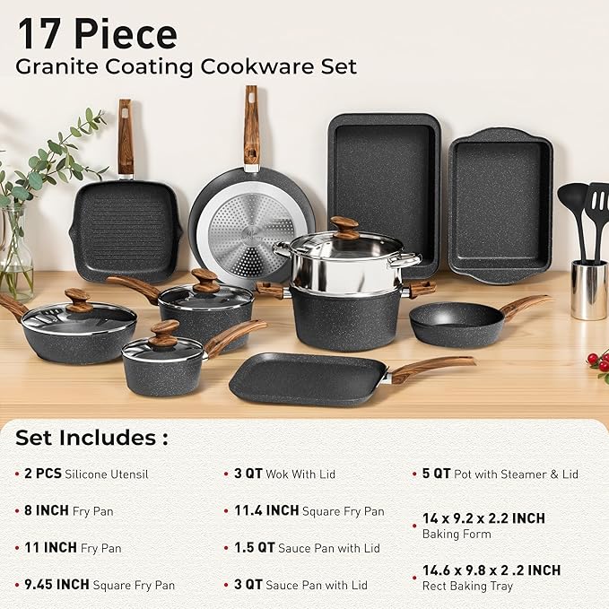 DishDelight 17Pcs Pots and Pans Set Non Stick, Granite Kitchen Cookware Sets, Induction Cooking Pan Set, Black
