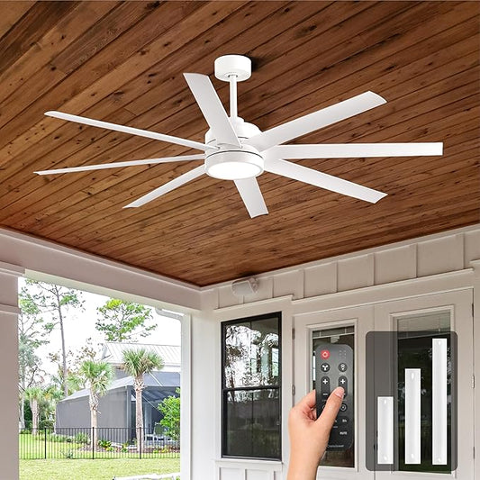Modern Ceiling Fans with Lights, 65 Inch Ceiling Fan with Light and Remote for Bedroom Living Room Kitchen Office, Indoor/Outdoor Use, 24W 6CCT 8 Blades 6 Speed Reversible Quiet DC Motor, White