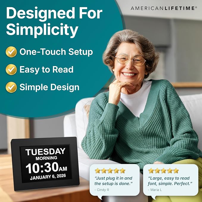 American Lifetime New 2026 Dementia Clock Large Digital Clock for Seniors, Large Display with Custom Alarms, Calendar Clock with Day & Date for Elderly, Clear Numbers Alzheimer Digital Clock Black