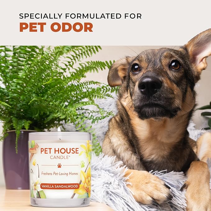 One Fur All Pet House Candle 2 Pack - Plant-Based/Soy - Clean Burning Scented, Long Lasting Pet Odor Candle for Home - Vanilla Sandalwood