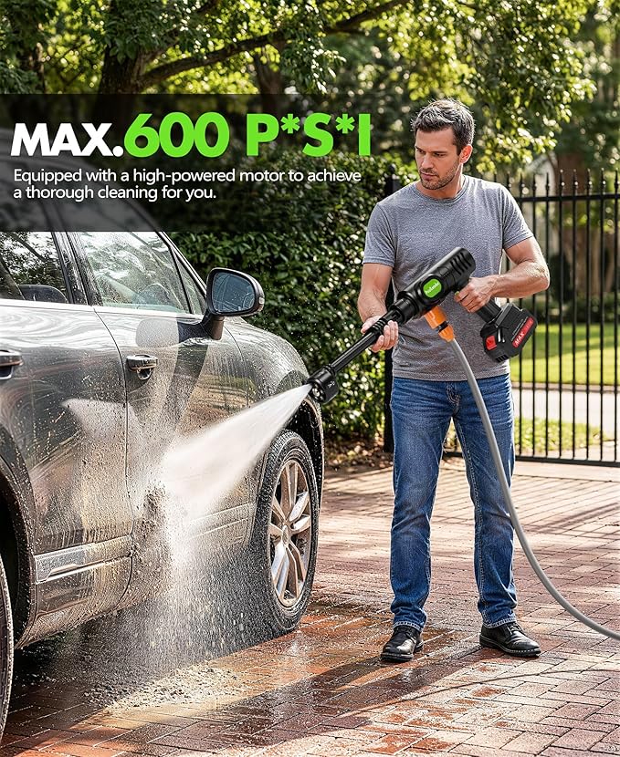 PoolLeader Cordless Car Washing Tool, Portable Vehicle Cleaner with 6-in-1 Nozzle & Foam Cannon, Battery Operated Cordless Car Wash Spray, Handheld Wash Machine for Car, Patio, Home - Lime Green