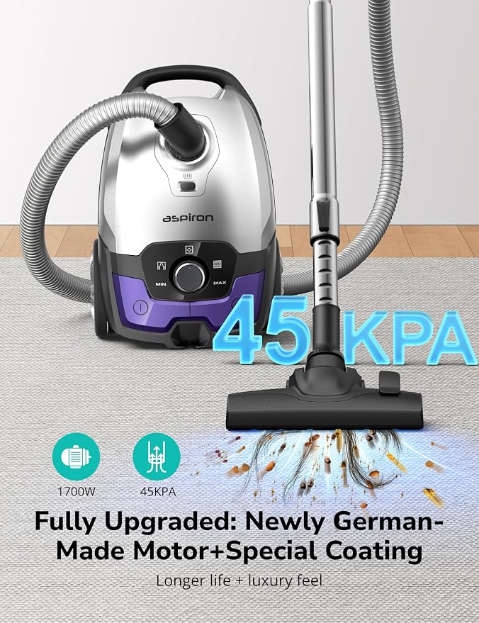 Aspiron Canister Vacuum,1700W/45KPA Bagged Vacuum Cleaner,6QT Large Capacity,Auto Cord Rewind,HEPA Filter,Low Noise,8M Cleaning Radius,Variable Power Control,Easy to Push,Hard Floor,Pet,Carpet