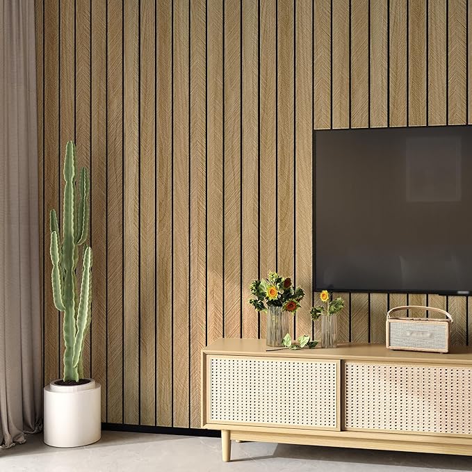 Brown Wood Panels for Wall 3D Wood Slat Wall Panel Acoustic Faux Wooden Slat Wallpaper Self Adhesive Herringbone Shiplap Peel and Stick Wallpaper for Bedroom Living Room Entrance Hall Decor
