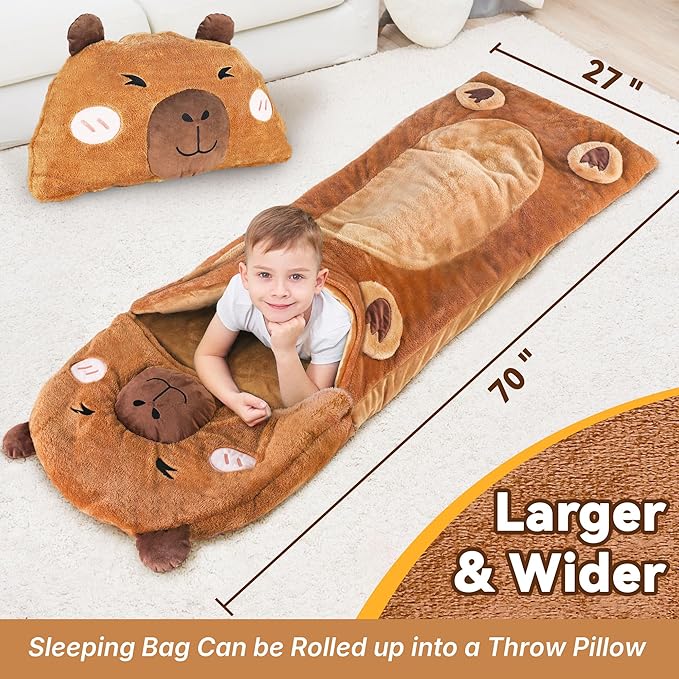 iPlay, iLearn Kid Sleeping Bag, Plush Capybara Slumber Bag, Toddler Girl Boy Nap Mat, 2 In 1 Brown Animal Pillow, Happy Travel Sleepover Daycare Preschool Birthday Gift for Age 3 4 5 6 7 8 10 12 Child