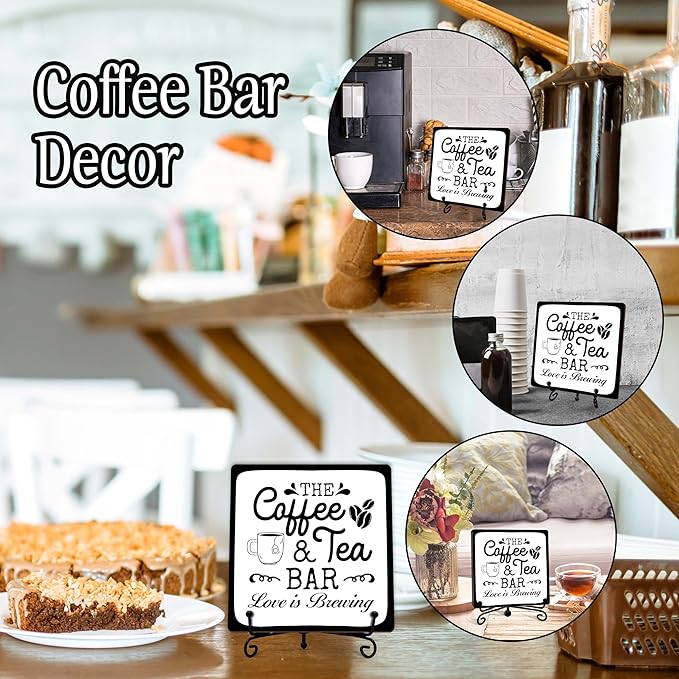 Coffee Bar Sign, Love is Brewing Farmhouse Tabletop Decor, Coffee and Tea Lover Gifts, 5x5 Wood Plaque with Iron Stand for Home Kitchen Cafe, Coffee Bar Decor – L06