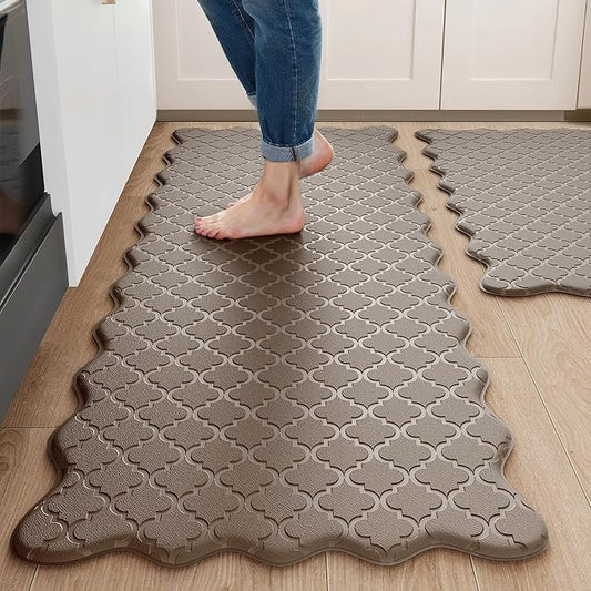 Arenarug Upgrade Scalloped Embossed Kitchen Mats for Floor 2PCS Cushioned Anti Fatigue Waterproof Foam Kitchen Rugs Non Slip Washable Comfort Standing Mat for Office Sink Laundry, Brown