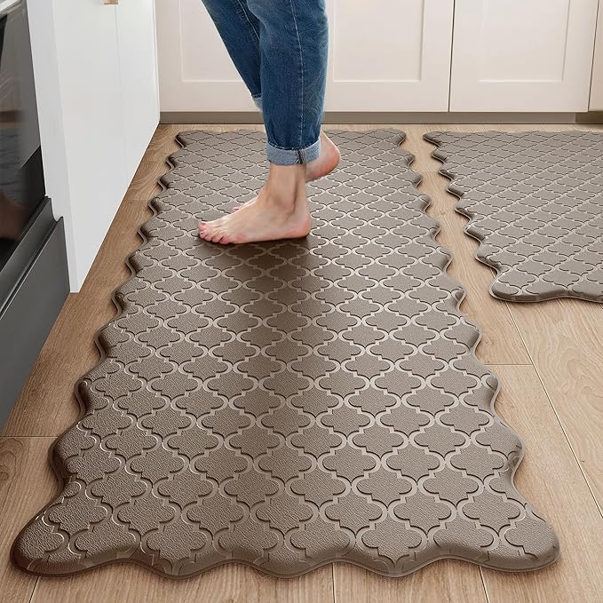 Arenarug Upgrade Scalloped Embossed Kitchen Mats for Floor 2PCS Cushioned Anti Fatigue Waterproof Foam Kitchen Rugs Non Slip Washable Comfort Standing Mat for Sink Laundry, 17.3"x30"+17.3"x59", Brown