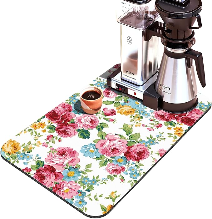 Coffee Bar Mat Accessories for Countertop Pioneer Flower Absorbent Hide Stain Rubber Backed Dish Drying Mats for Kitchen Counter Draining Pad Decor Gift Fit Under Coffee Maker (20x12in)
