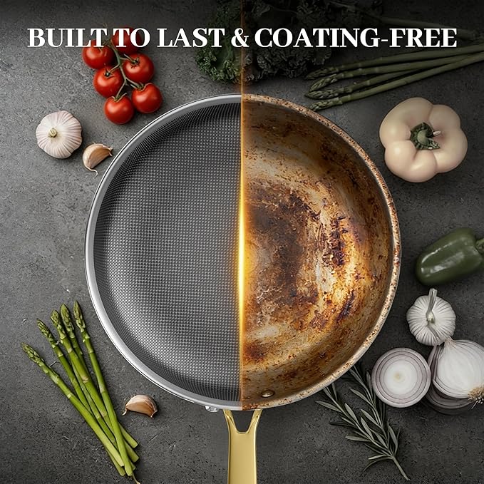 FogDream Non Stick Frying Pans, 10in Titanium Pans for Cooking, Hybrid Stainless Steel Skillet with Spatulas, PFOA Free Cookware, Stay Cool Handle, Dishwasher & Oven-Safe,Induction Compatible,Gold