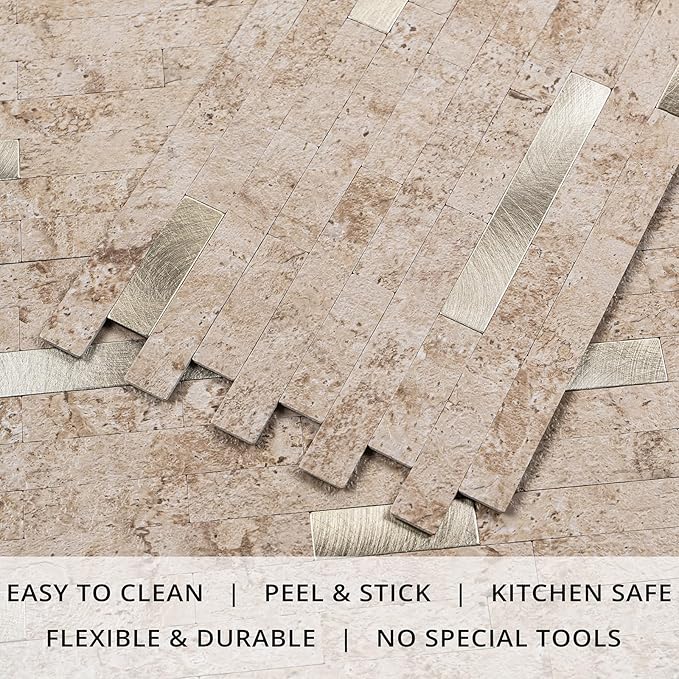 StyloVue 20 Sheets Peel and Stick Backsplash for Kitchen, 2026 Upgraded Classic Travertine Beige with Gold Metal Accents, Stick on Tile for Kitchen Backsplash, RV, Fireplace