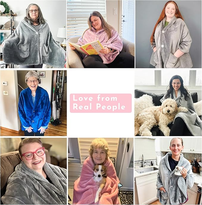 EzrAllora Premium Double Layer Wearable Blanket for Women -No Sleeves- Shawl with Pockets- Wrap Blanket- Gifts for Grandma (Powder Pink)