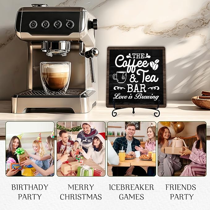 Coffee Bar Sign, Love is Brewing Farmhouse Tabletop Decor, Coffee and Tea Lover Gifts, 5x5 Wood Plaque with Iron Stand for Home Kitchen Cafe, Coffee Bar Decor – L05