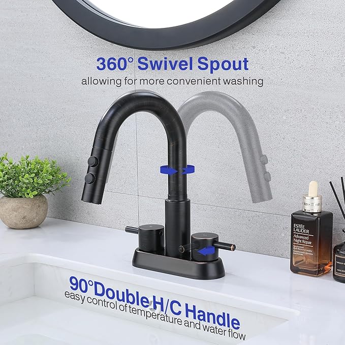 Kablle Bathroom Sink Faucet with Pull Down Sprayer 3 Holes, Oil Rubbed Bronze 4 inch 2 Handles Centerset Laundry Bar Basin Pull Out Faucet with Pop-Up Drain, KBL-MP-6002ORB-CL